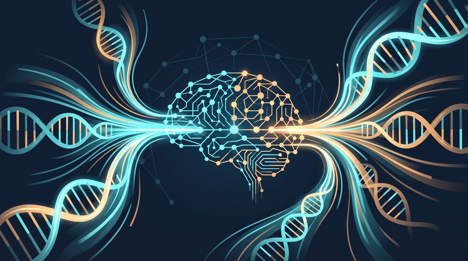 Illustration: stilisiertes Gehirn aus KI-Schaltkreisen, umgeben von einströmenden DNA-Doppelhelices in Blau und Orange, sinnbildlich für die Verschmelzung von Genomdaten und künstlicher Intelligenz bei Tempus AI